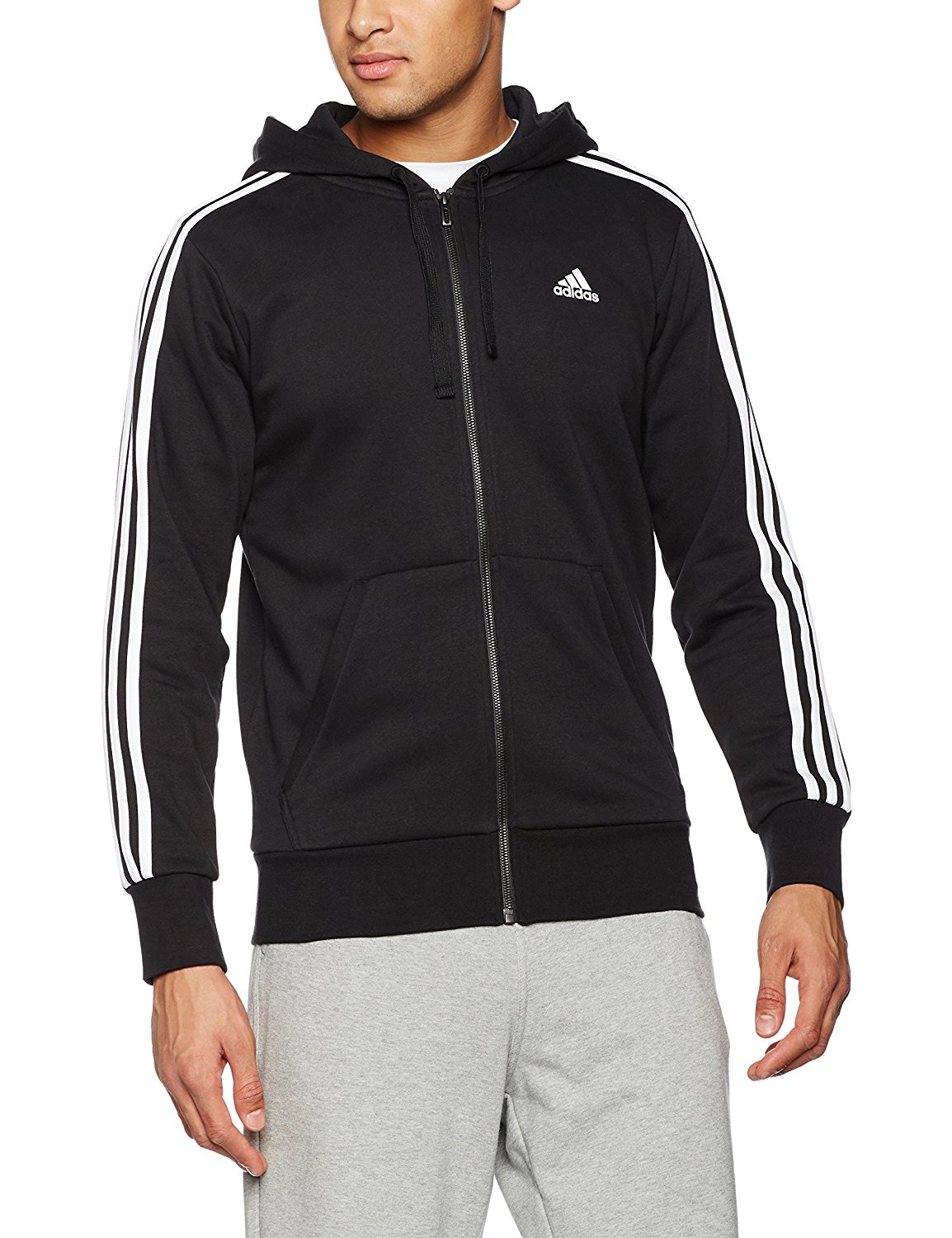 ADIDAS MEN'S ESSENTIALS 3 STRIPES FULL-ZIP FRENCH TERRY HOODIE - Sports